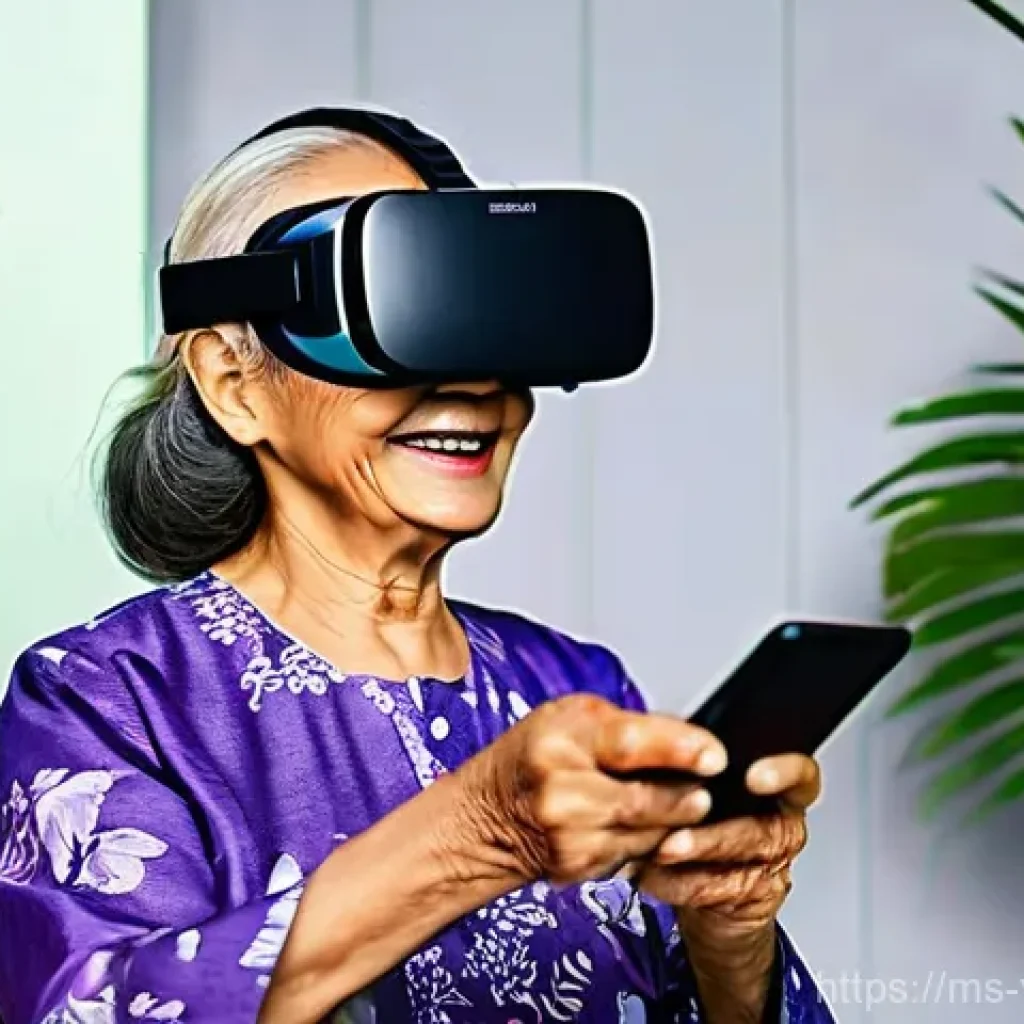 가상 현실 헬스케어 시장의 성장 - **Prompt:** A cheerful elderly Malaysian woman, wearing a comfortable, loose-fitting baju kurung, sm...