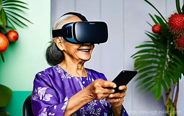 가상 현실 헬스케어 시장의 성장 - **Prompt:** A cheerful elderly Malaysian woman, wearing a comfortable, loose-fitting baju kurung, sm...