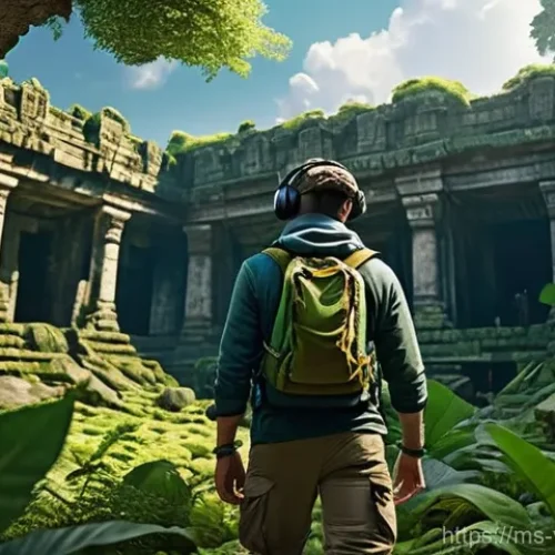 가상 현실 콘텐츠의 미래 예측 - **Prompt 1: Immersive Ancient World Exploration**
    A young adult explorer, dressed in practical o...