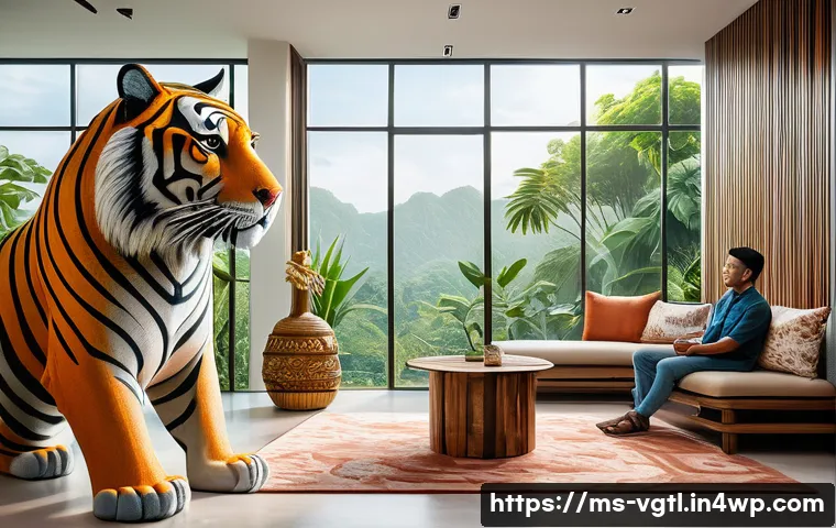 증강 현실의 향후 발전 방향 - A modern Malaysian living room scene with a middle-aged Malay man interacting naturally with a 3D ho...