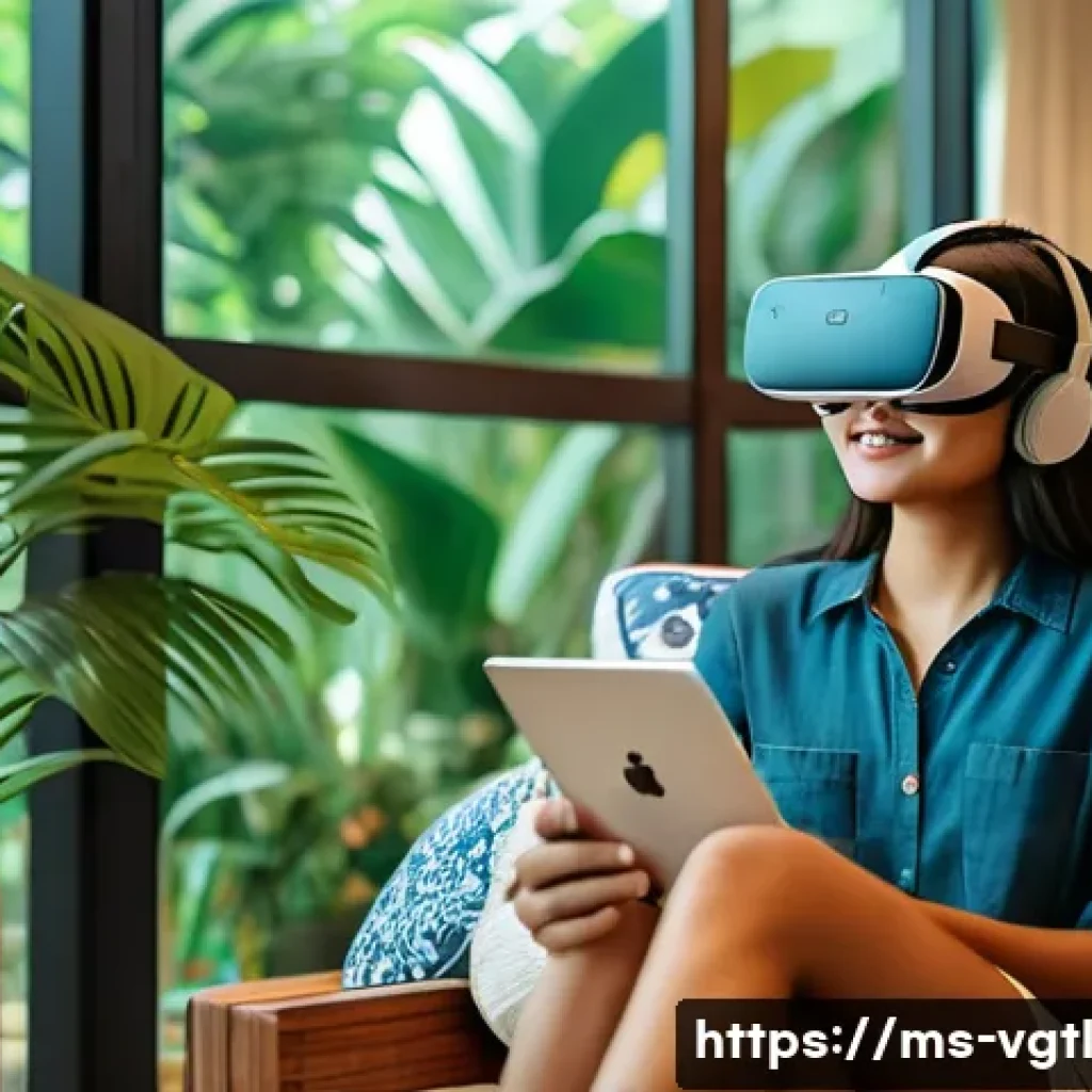 가상 현실의 상업적 응용 사례 - A modern Malaysian living room interior with a young Malay woman wearing casual clothes and modest u...