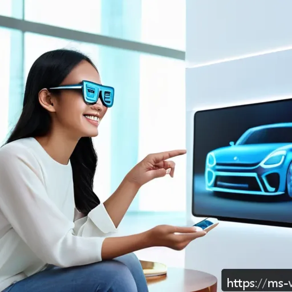 증강 현실과 가상 현실의 사용자 인터페이스 - A young Malay woman wearing casual modern clothes and AR glasses, interacting with digital furniture...