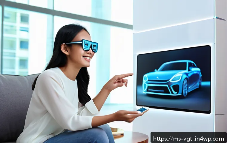 증강 현실과 가상 현실의 사용자 인터페이스 - A young Malay woman wearing casual modern clothes and AR glasses, interacting with digital furniture...
