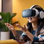 가상 현실 시장의 소비자 트렌드 - A young Malaysian woman wearing a stylish VR headset and casual modern clothing, fully immersed in a...