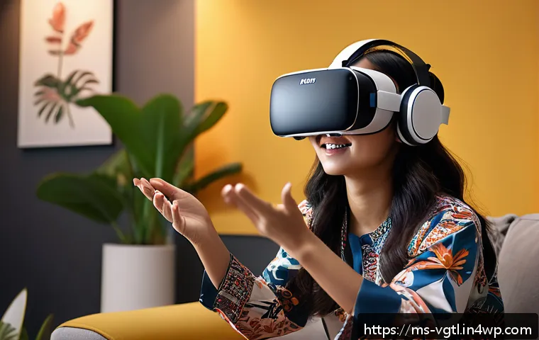 가상 현실 시장의 소비자 트렌드 - A young Malaysian woman wearing a stylish VR headset and casual modern clothing, fully immersed in a...