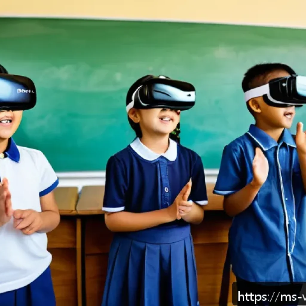 가상 현실 플랫폼의 진화와 경쟁력 - A modern Malaysian classroom setting featuring diverse students wearing VR headsets (with visible st...