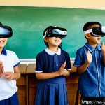 가상 현실 플랫폼의 진화와 경쟁력 - A modern Malaysian classroom setting featuring diverse students wearing VR headsets (with visible st...