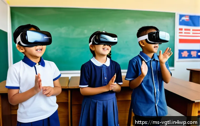 가상 현실 플랫폼의 진화와 경쟁력 - A modern Malaysian classroom setting featuring diverse students wearing VR headsets (with visible st...